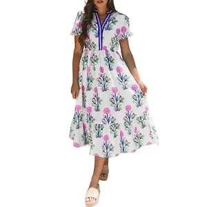 Women's Floral Print V Neck Puff Short Sleeve High Waist Maxi Dress for Ladies