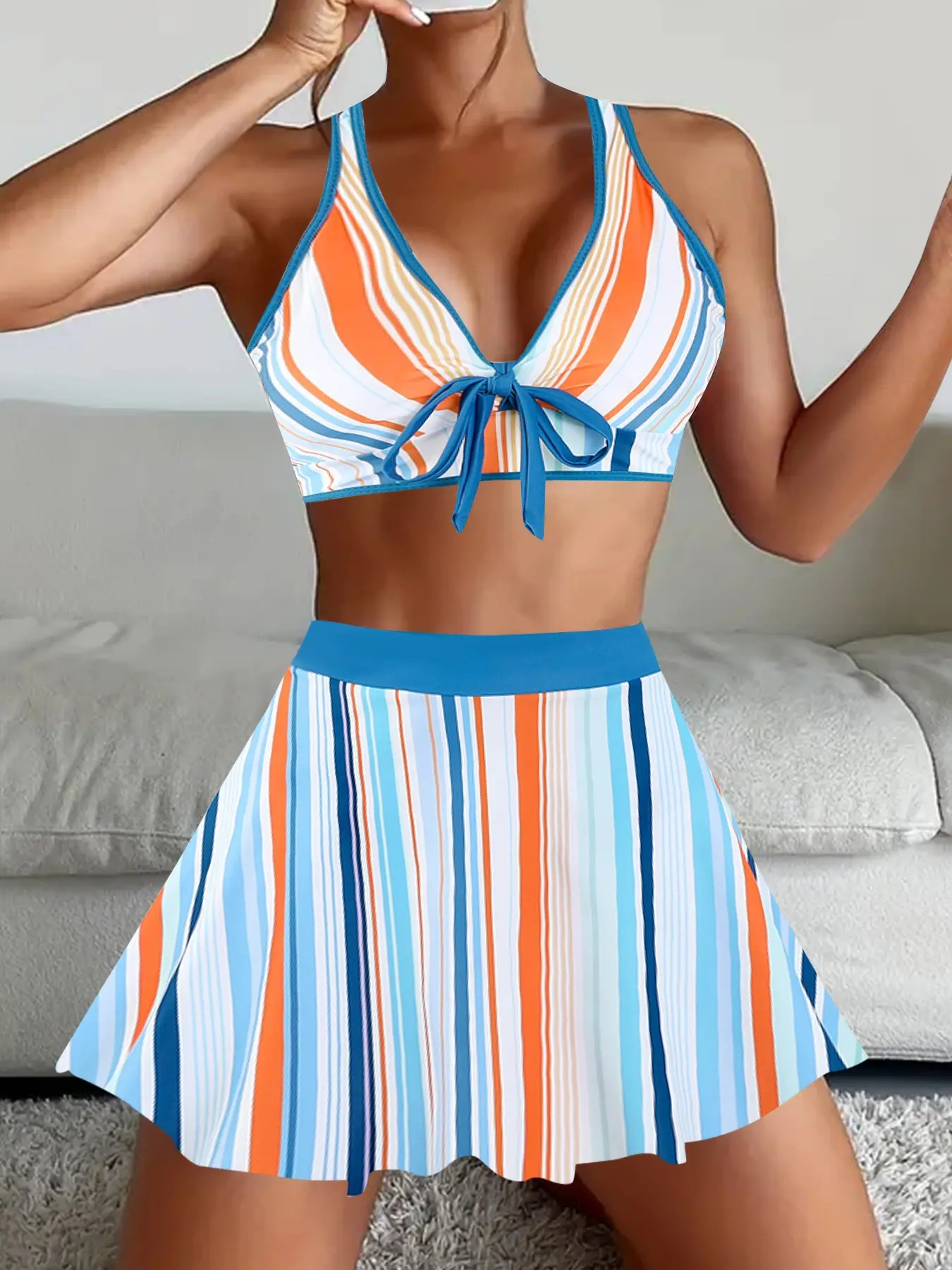 Women's Fashion Split Tankini, Striped Bodycon Tankini, Tankini Bathing Suit, Fashion Tankini Swimsuit, Sexy Rainbow Stripe Design, Fitted Style, All Seasons Wear, Trendy Swimwear for Ladies