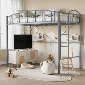Loft Bed Twin Size Heavy Duty Metal Loft Bed Frame with Arched Guardrail and Safety Ladder Space-Saving No Box Spring Needed Matte Grey