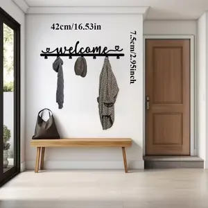 Modern Metal Welcome Sign with Hat Hooks Storage, Fashion Wall Mounted Key Holder, Easy Install Home Entry Clothing Organizer, Door Hanging Key Ring