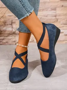 Women's Comfortable Casual Cross Elastic Band Pointed Toe Wedge Heeled Shoes, Flannel Upper, All Seasons Wear, Stylish Single Shoe