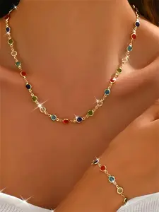 Women's Zircon Jewelry Set, Necklace & Bracelet Included, Fashionable Colorful Design, Perfect Gift Choice, Ideal for Parties & Daily Wear