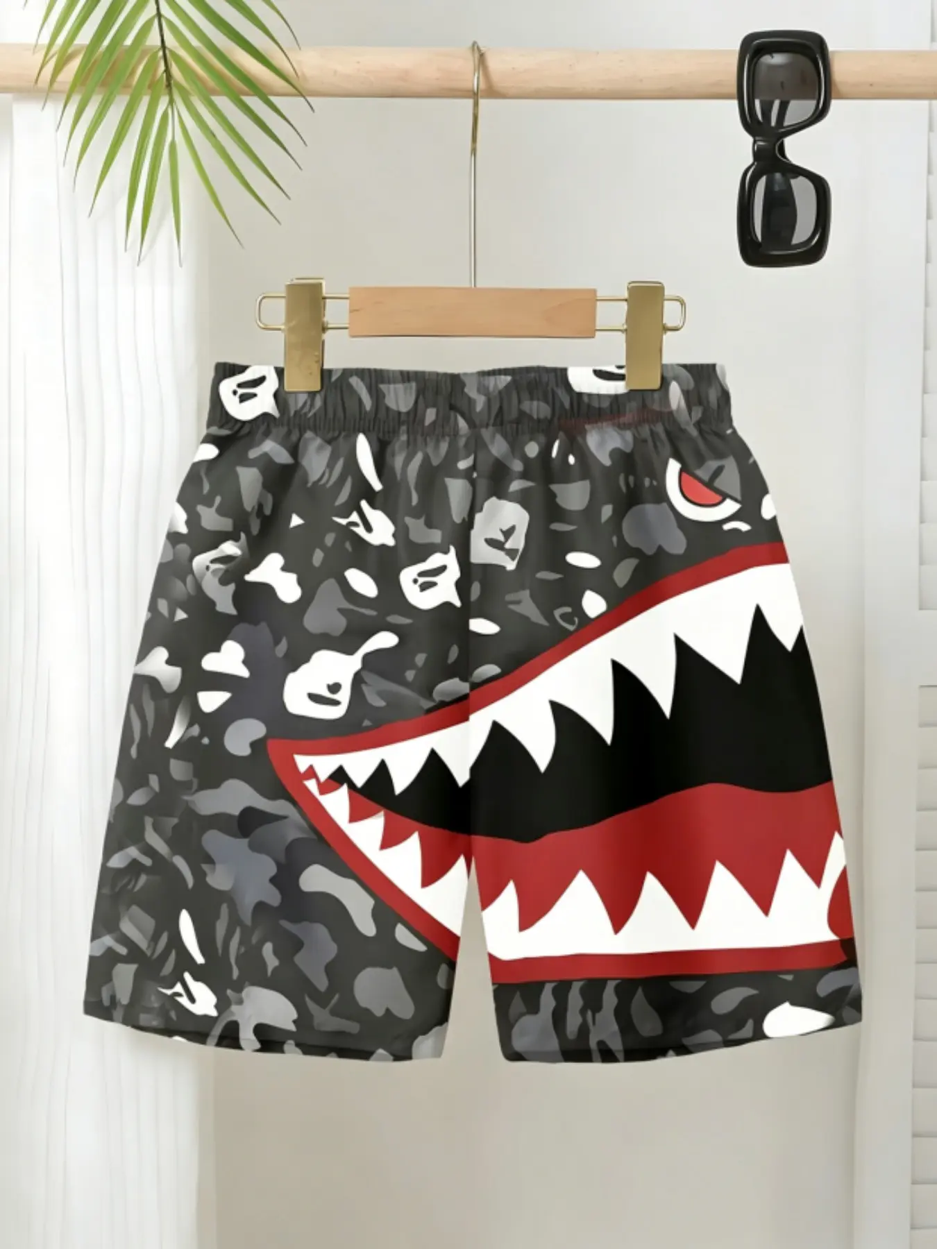 Camouflage Shark Mouth Print Summer Shorts, Casual Loose Beach Trunks, Lightweight Quick-Dry Swimwear, Swimming Shorts, Printed Swim Bottoms, Street Style & Vacation Wear