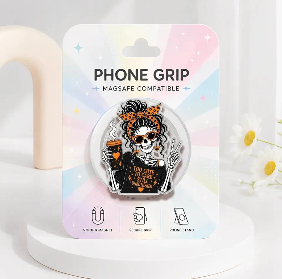Too Cute To Care Skeleton MagSafe Phone Grip, Cute Coquette Skeleton Phone Holder, Spooky Season Acrylic Kindle Grip, Messy Bun Girl Phone Accessories, Funny Creepy Gift