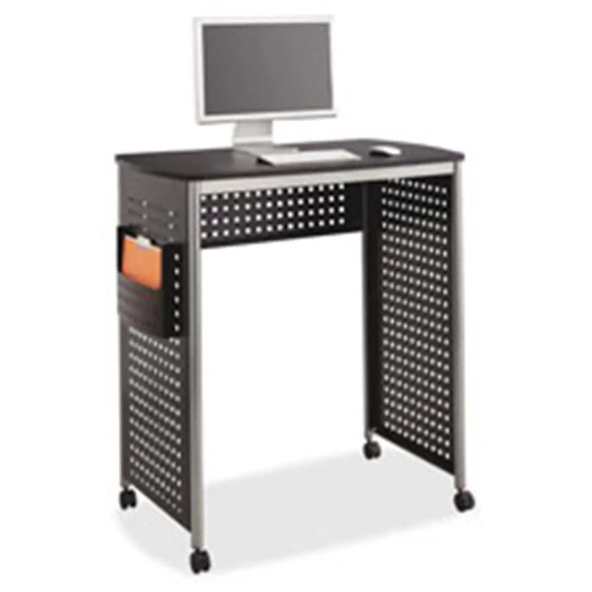 Safco SAF1908BL Standing Desk Sit-Stand Workstation - 38.5in x 23.25in x 41.75in Rectangular Flat Top, Modern Perforated Steel Hole-Pattern Design, Scratch-Resistant Black Unit with Engineered Wood, Nestable Legs, Side Pocket