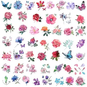Temporary Tattoo, 50 PCS 3D Flower Tattoo Stickers Waterproof Butterfly Temp Tattoos Realistic Rose Peony Lavender Leaf Semi Permanent Fake Tattoos Watercolor Floral Body Art Stickers for Women Girls