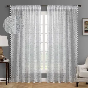 White Foliage Jacquard Voile Curtains 2-Panel Vintage Style Textured Sheers for Soft Light Filtering