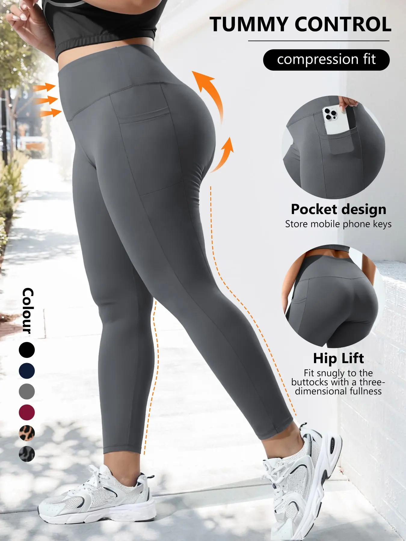 Women's Plus Size High Waist Athletic Skinny Pants, Elastic Fit with Pockets, Leopard Print, Casual Commuter Yoga Bottoms, Daily Wear, Glute Enhancing Leggings