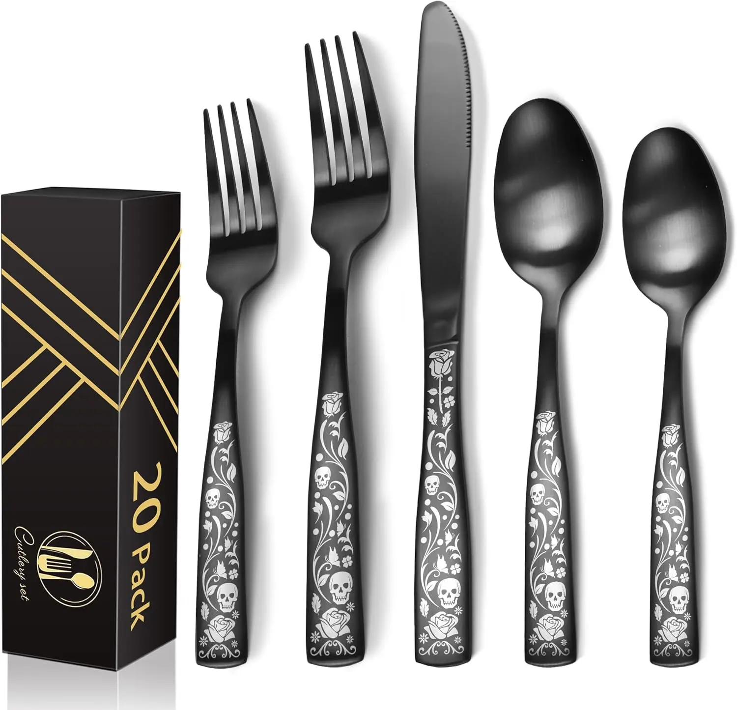 20- Matte Black Silverware Set for 4, Skull Rose Cultery Set 18/0 Stain Finish Stainless Steel, Gothic Skeleton  Decorative Flatware Set, Daily Halloween Party Event Serving For 4
