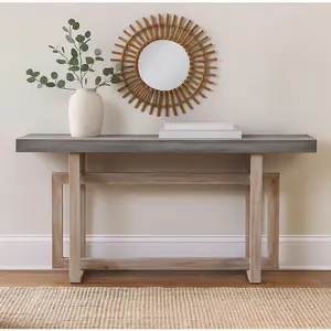 59 Inch Artisan Sideboard Console Table with Geometric Interlocked Base, Distressed Matte Gray By The Urban Port