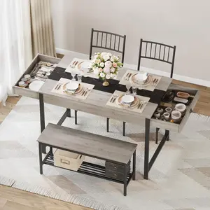 4 Piece Dining Table Set for 4 People,Rectangular Kitchen Table Set with 2 Chairs & 1 Bench,Double Side Drawers,Perfect for Dining Room,Kitchen,Restaurant,Yard