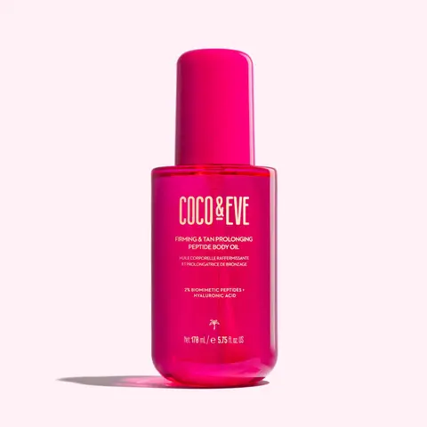 Coco & Eve Firming Tan Prolonging Peptide Body Oil - Scented Fragrance Moisturizer, After Sun Extender, Intensifies Natural Tan up to 28 Days, Hydrating, Non-Staining, Smooth, Restores Skin, With Peptides, Hyaluronic Acid, Tropical Oils, Vegan