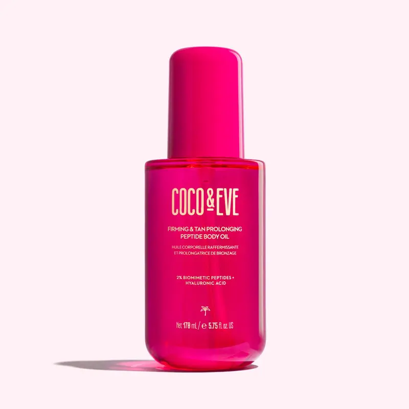 Coco & Eve Firming Tan Prolonging Peptide Body Oil - Scented Fragrance Moisturizer, After Sun Extender, Intensifies Natural Tan up to 28 Days, Hydrating, Non-Staining, Smooth, Restores Skin, With Peptides, Hyaluronic Acid, Tropical Oils, Vegan