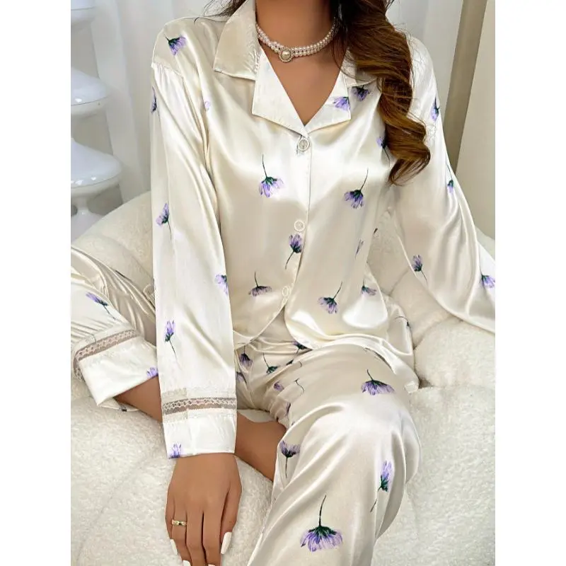 (New)Women's Elegant Pajama Set - Casual Fabric with Button Details, Floral Pattern, Long Sleeve Top & Pants, Comfortable White Nightwear Loungewear Homewear Pjs Womenswear Collar(gift)
