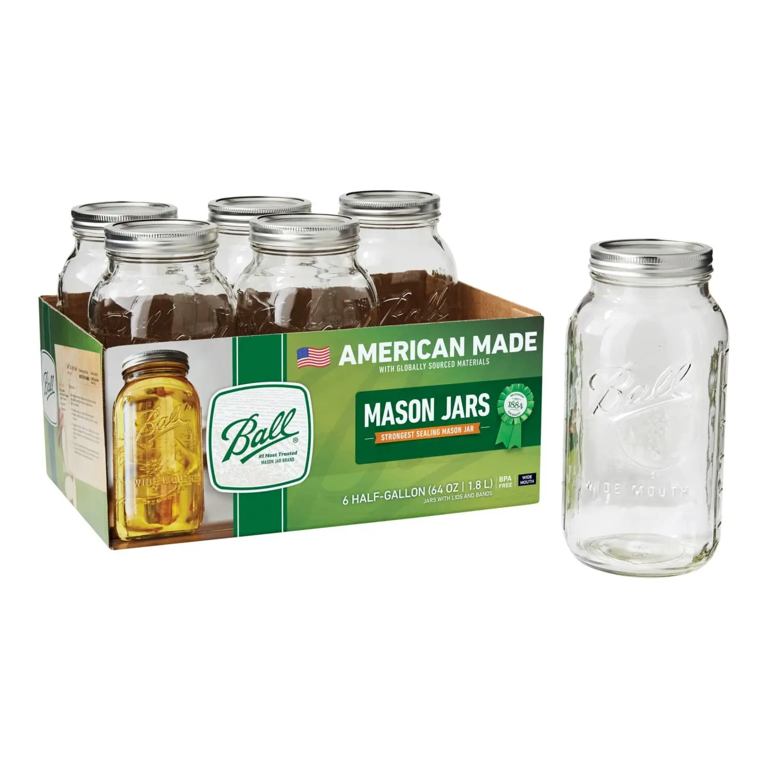 6-Pack Wide Mouth 64 oz Glass Mason Jars with Lids and Bands - Kitchen Preserving Containers for Food Storage, Meal Prep, Canning