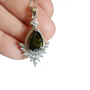 New 925 Silver Filled Pear Cut Peridot Diamond Necklace for Women Pendant and Chain