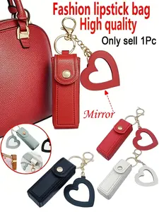 Mini Lipstick Keychain Bag Accessory, PU Material Heart Mirror Lip Balm Protector Case, Portable Makeup Organizer for Women & Girls, Pouch