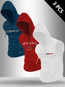 Men's 3-Piece Letter Print Hooded Sleeveless T-Shirt Set, Casual Comfortable Summer Outdoor Fitness Wear, Ideal for Gym & Daily Use, Athletic Fashion Activewear, Sleeveless Sports Top
