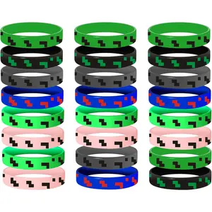 Pixel Miner Theme Party Favors, 24 Pieces Silicone Bracelets Wristband Small Size,Birthday Party Supplies,Valentines Day Gifts for Kids Classroom