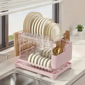 1 pc, double-layer dish drainer,Quick-Dry Rack,Includes a drip tray and a storage rack with a drip tube,Multi-functional Space-Saving Storage Basket,Kitchen countertop storage box,Cup holder, cutlery holder, cutting board holder,Dish Drying Organiser