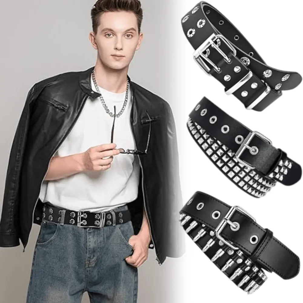 3Pcs Studded Belt, Y2K Belts Punk Rock with Bullet belts for Women Men, Black Girl Ladies Spike Stud Punk Waist Belt for Halloween Cosplay