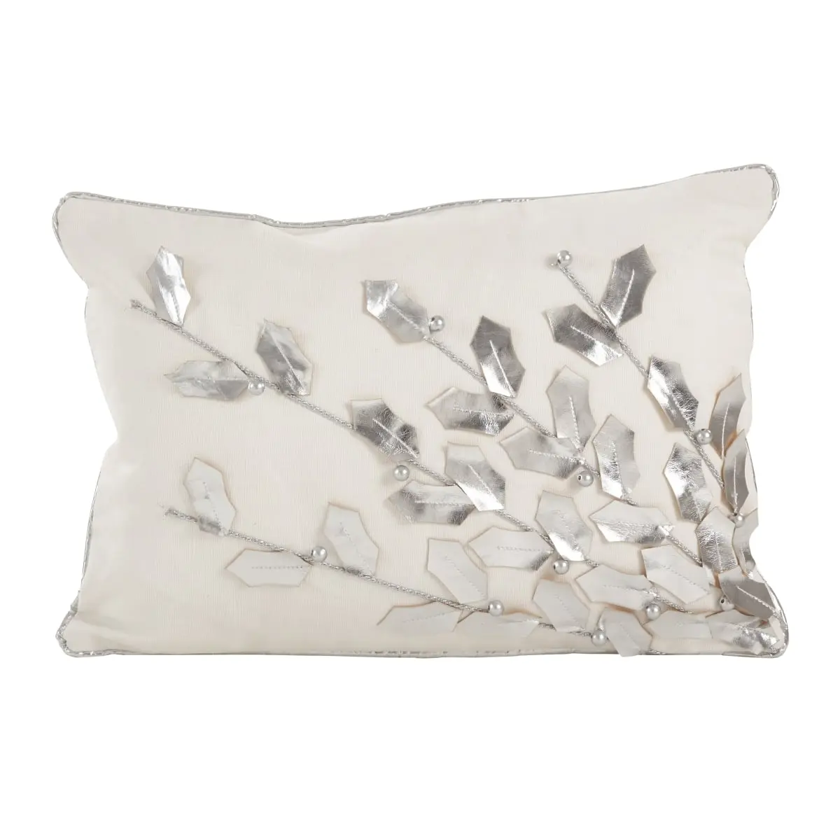 Silver Metallic Poinsettia Branch Motif Holiday Throw Pillow - Cotton Cover, Poly-Filled, for Home Interior Holiday Decor