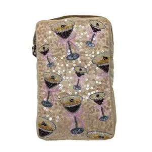 Bamboo Trading BTC Espresso Martini Crossbody Phone Bag, Gold Beaded Sequined Cocktail Print Design, Champagne-Colored Mini Handbag for Women