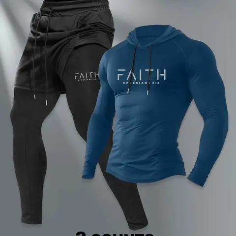 Men's Hooded Long Sleeve Graphic T-Shirt + Faux Two-Piece Pants Set, Casual Fall & Winter, Moderate Fabric, Fitted Style, Sweatsuit Set