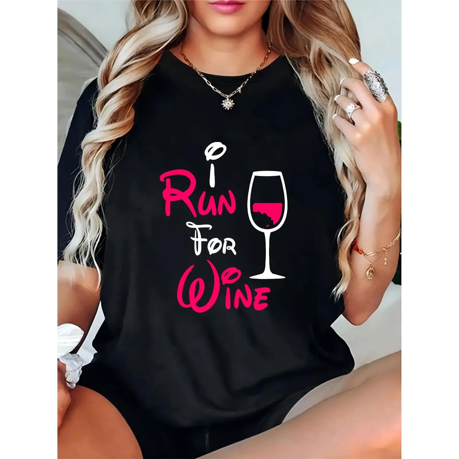 Women's Funny "I Run For Wine" Wine Glass Graphic T-Shirt - Casual Wine Lover Tee for Girls' Night Out, Wine Tasting, Weekend Casual Wear 100% Cotton T-shirt