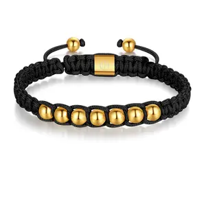 WEPICK Mens Rope Bracelet 18K Gold Plated Stainless Steel Adjustable Braided String Bracelet 6mm Beads Hypoallergenic Comfortable Daily Wear Gift Box friendship