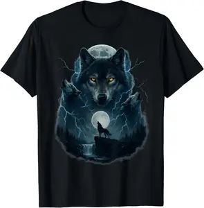 100% Cotton Wolf Shirt - Mystical Black Wolf Howling at Moon T-Shirt