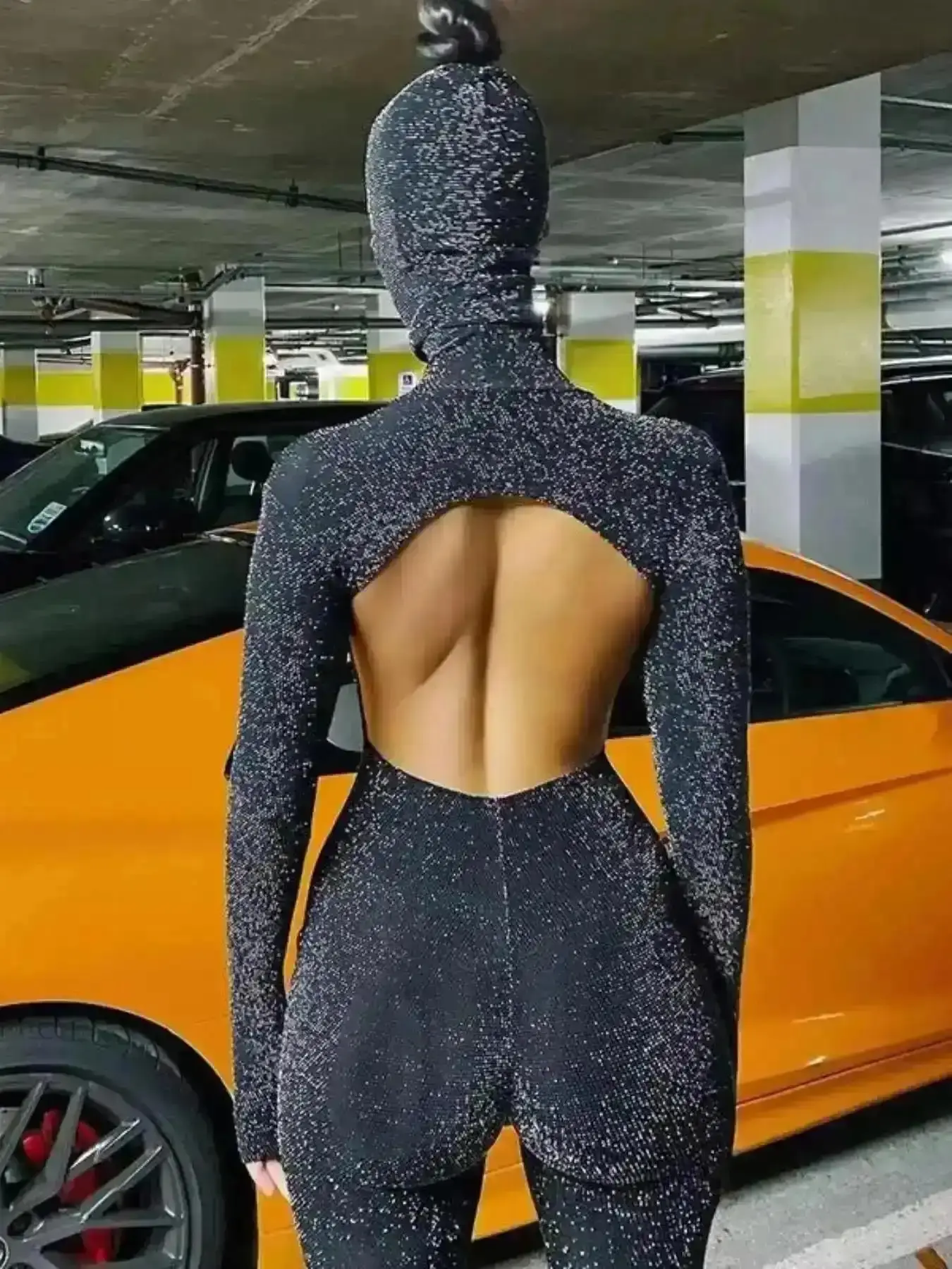 Fashion Women Jumpsuit Bodycon with Face Cover, Solid Stand Collar Long Sleeve Skinny for Fall & Winter, Vacation Holiday Party Ladies Everyday Classic Modern, OnepieceOutfit, NightOutLook