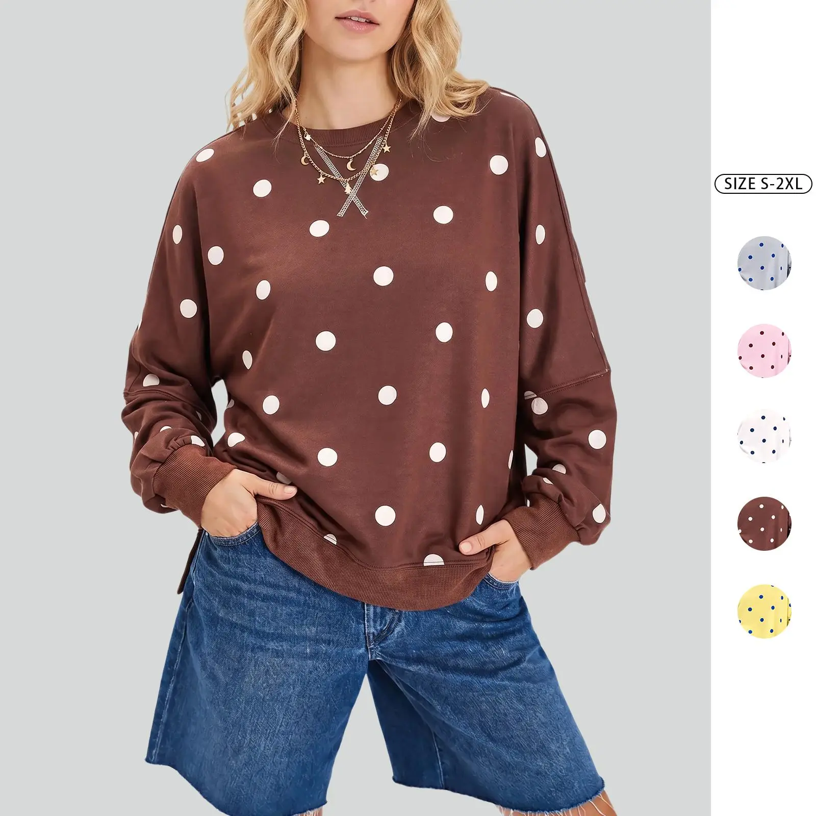 Imily Bela Polka‑Dot Print Loose Sweatshirt Women Crew‑Neck Drop‑Shoulder Long‑Sleeve Casual Pullover Top