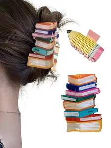 Novelty School Themed Hair Claw Clips, Stack of Books & Pencil Shape Acrylic Hair Clips, Back to School Accessories for Women Girls