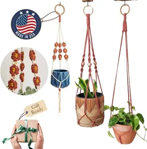Set of 3 Macrame plant hangers with Daisies & Beads Hanging plant holder Macrame Plant hangers outdoor and indoor hanging planters Plant stand indoor Boho Decor hanging planter stand