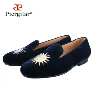 Handmade Men's Smoking Slippers With Classic Sun And Moon Embroidery For Fashion Party Slip-On Loafers Leather Insole