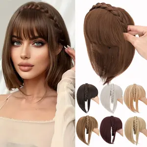 Snoilite Wig with Bangs and Sideburns Trendy Braided Headband Hair Accessories Braid Headband for Women Hair Extensions Bangs Braided Wigs with Clip-In Hair Topper