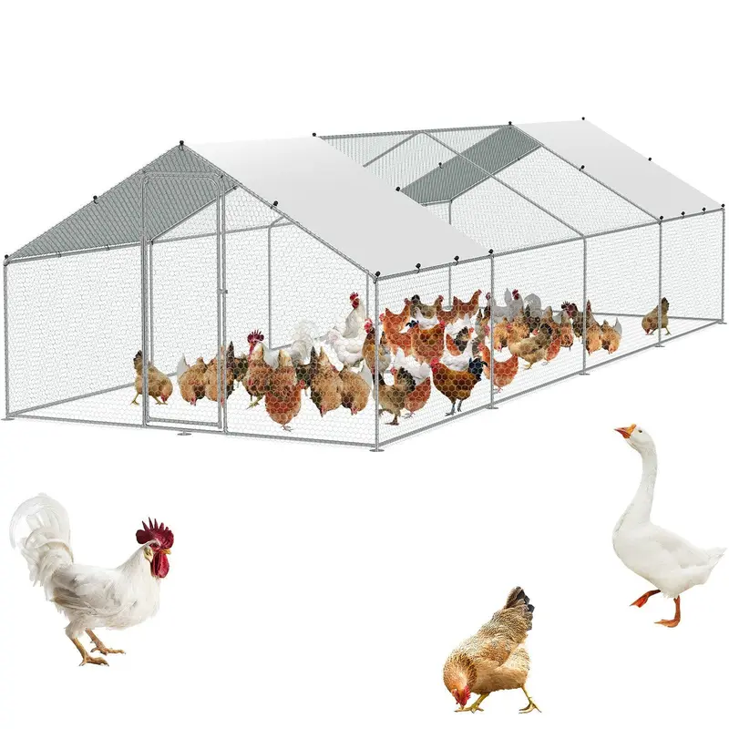 VEVOR Salt-Spray Tested Galvanized Steel Large Chicken Coop Enclosure, 3x7.83x1.99m/9.88x25.69x6.53ft Multi-Species Pen for Backyard Farm Poultry, 1" Thick Hex Mesh Cover, Walk-In Design, Spire Roof, Easy Access, 4-Side Airflow Vents, Security Lock