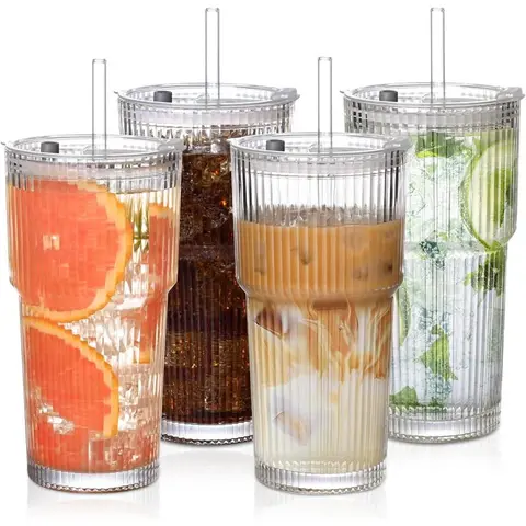 4-Piece 19oz (500-1000ml) Reusable Thick Glass Water Tumbler Set - Stylish Kitchenware Drinkware, Ribbed Grip, Thick Bamboo Lids, Leak-Proof Straws, Portable, Car Cup Holder-Fit, Washable Coffee Glass for Iced Coffee