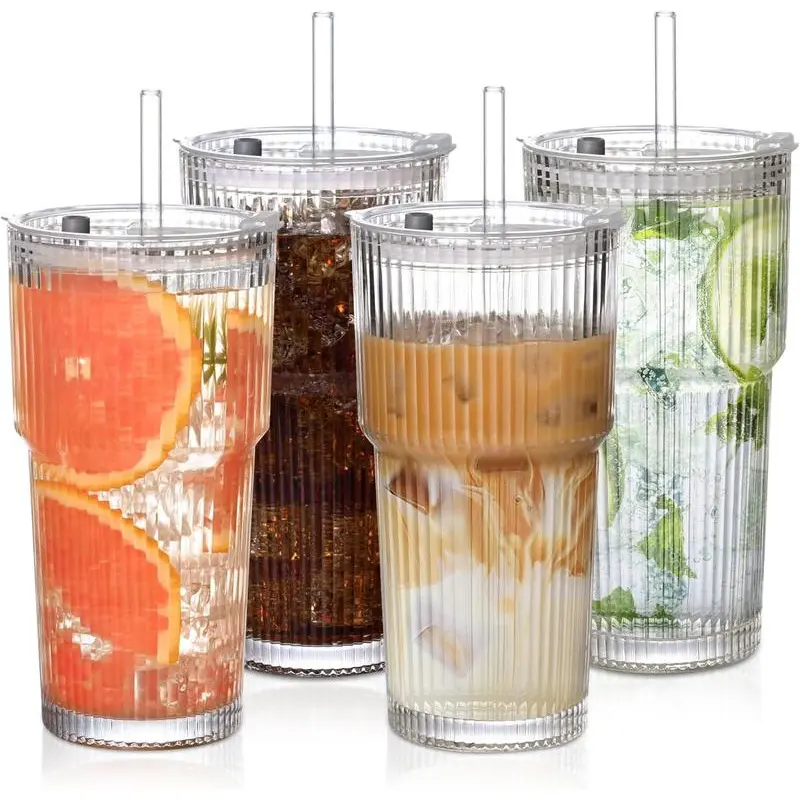 Ribbed Thick Glass Hydration Tumbler Set - 4-Piece 19oz Dishwasher Safe Kitchen Drinkware with Bamboo Lids, Reusable Straws for Iced Coffee, Smoothies