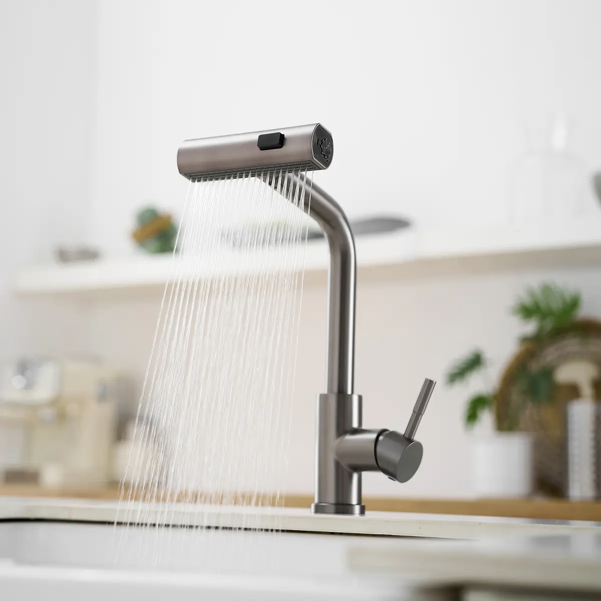 Gun Grey Brushed Stainless Steel Pull Down Pull Out Modern Kitchen Faucet - 360 Degree Swivel Metal High Arc Single Handle Tap, 3 Spray Modes, 80mm Extra Long Mount Rod for Thick Countertops, Easy DIY Installation