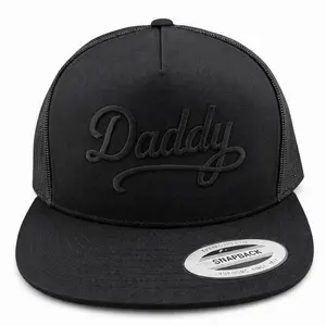 Yupoong Unisex Daddy Snapback Hat, Black Fabric with Bold Black Script Embroidery, Breathable Sides, Flat Brim, Playful Fashion Accessory