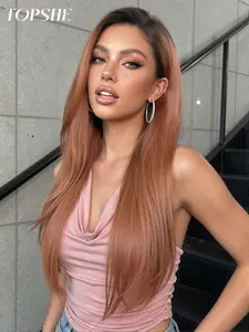 Topshe 13x6 HD Lace Front Wig, Medium Length Straight Hair, Root Color, Heat Resistant Fiber, Natural Look, Comfortable Breathable, Holiday Style, Lace Frontal Wig