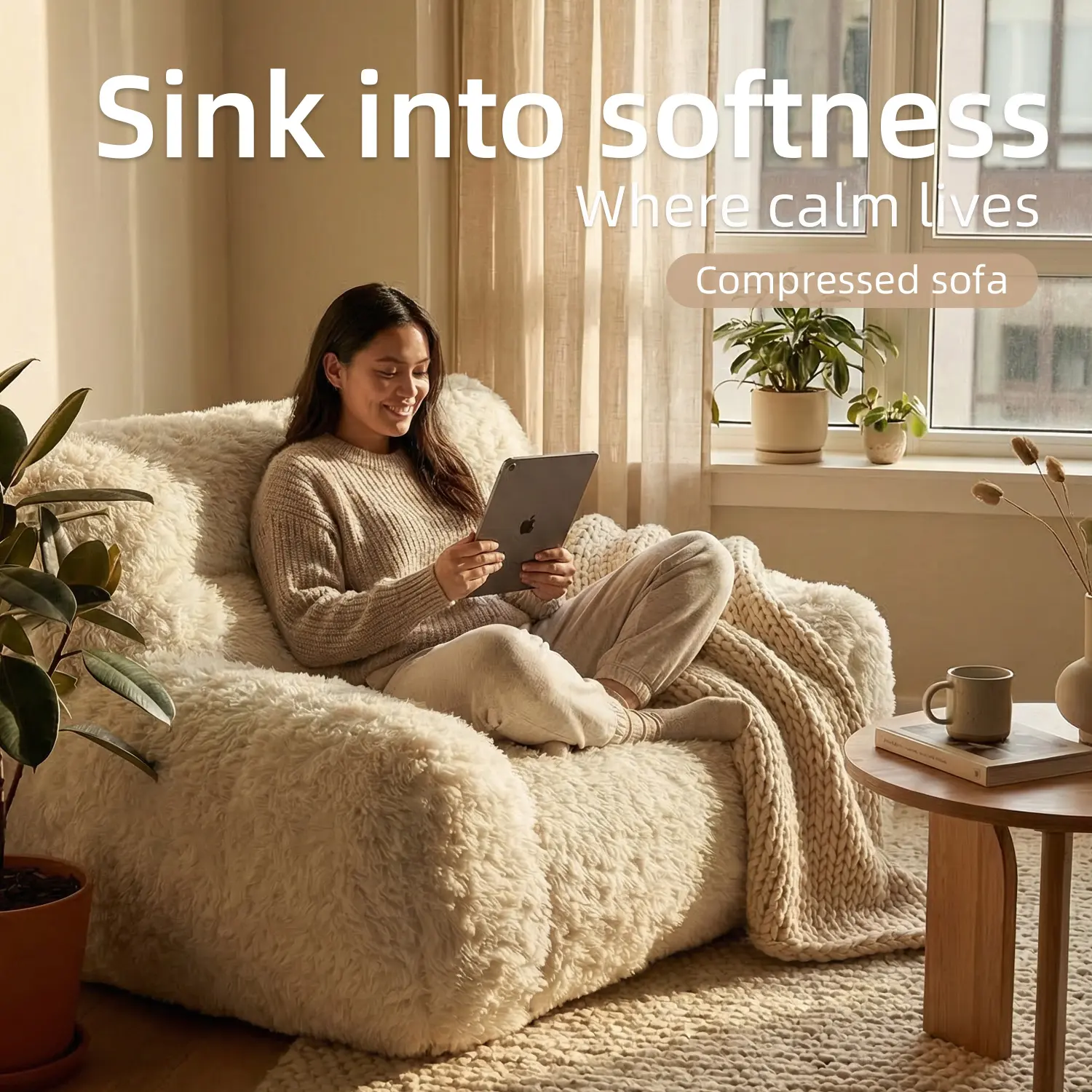 Fluffy Compressed Bean Bag Sofa, Oversized Soft Shaggy Lazy Chair, Cozy Plush Single Couch for Living Room Bedroom Apartment, Easy Compressed Delivery, Sink Into Ultra Soft Comfort