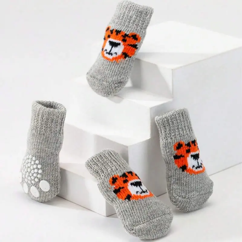 4pcs Polyester Pet Socks for Small Dogs & Cats - Anti-Slip, Anti-Scratch Paw Protectors, Leg Warmers, Adorable Animal Cartoon Characters Pattern, Grey (Fits Chihuahua, Pomeranian, Corgi), Adorable Animal Cartoon Pattern