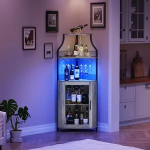 Corner Bar Cabinet - Freestanding 5-Tier Wine & Spirits Rack with Adjustable Shelves, Removable Glass Holder & Mesh Doors, Tall Drink Storage Cabinet with Baffle for Kitchen Home Bar Corner Space