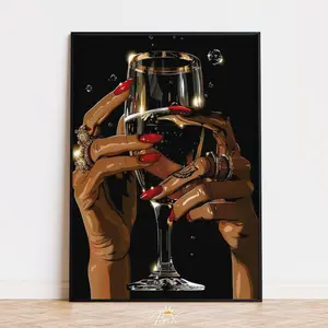 Champagne in Hand Wall Art UNFRAMED, Black Woman Art, Red Nails Print, Alcohol Poster, Trendy Black Girl Wall Art, Luxe Party Decor