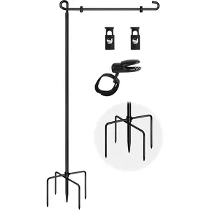 Garden Flag Stand with 5 Prong Base, Design Garden Flag Holder for Outside, Coated Yard Flags Pole Holder with Clip and Stopper for Outside House,Lawn,Yard Decorations