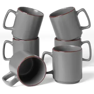 Set of 6 14oz Dark Gray Ceramic Coffee Mugs with Handle for Latte Tea Milk Cappuccino Cocoa Ideal for Home or Office Use
