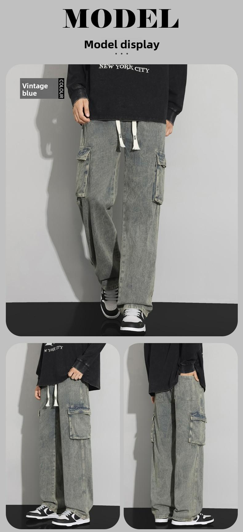 Men's Spring & Autumn Loose-Fit Cargo Jeans, Trendy Retro Light-Wash Casual Trousers, American Street Style Straight-Leg Pants with Large Pockets and Drawstring Waist Men's Spring & Autumn Loose-Fit Cargo Jeans, Trendy Retro Light-Wash Casual Trousers, American Street Style Straight-Leg Pants with Large Pockets and Drawstring Waist